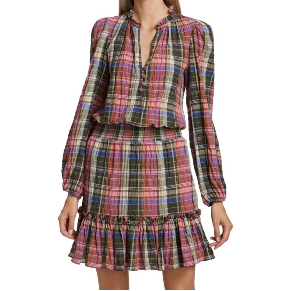 Veronica Beard Perfectly Plaid Destiny Dress in Olive & Pink